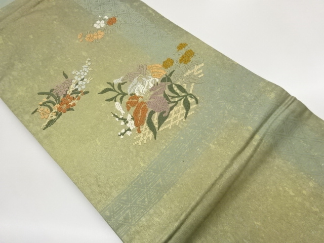 JAPANESE KIMONO / NAGOYA OBI / HIKIHAKU / WOVEN GEOMETRIC PATTERN & FLOWER 